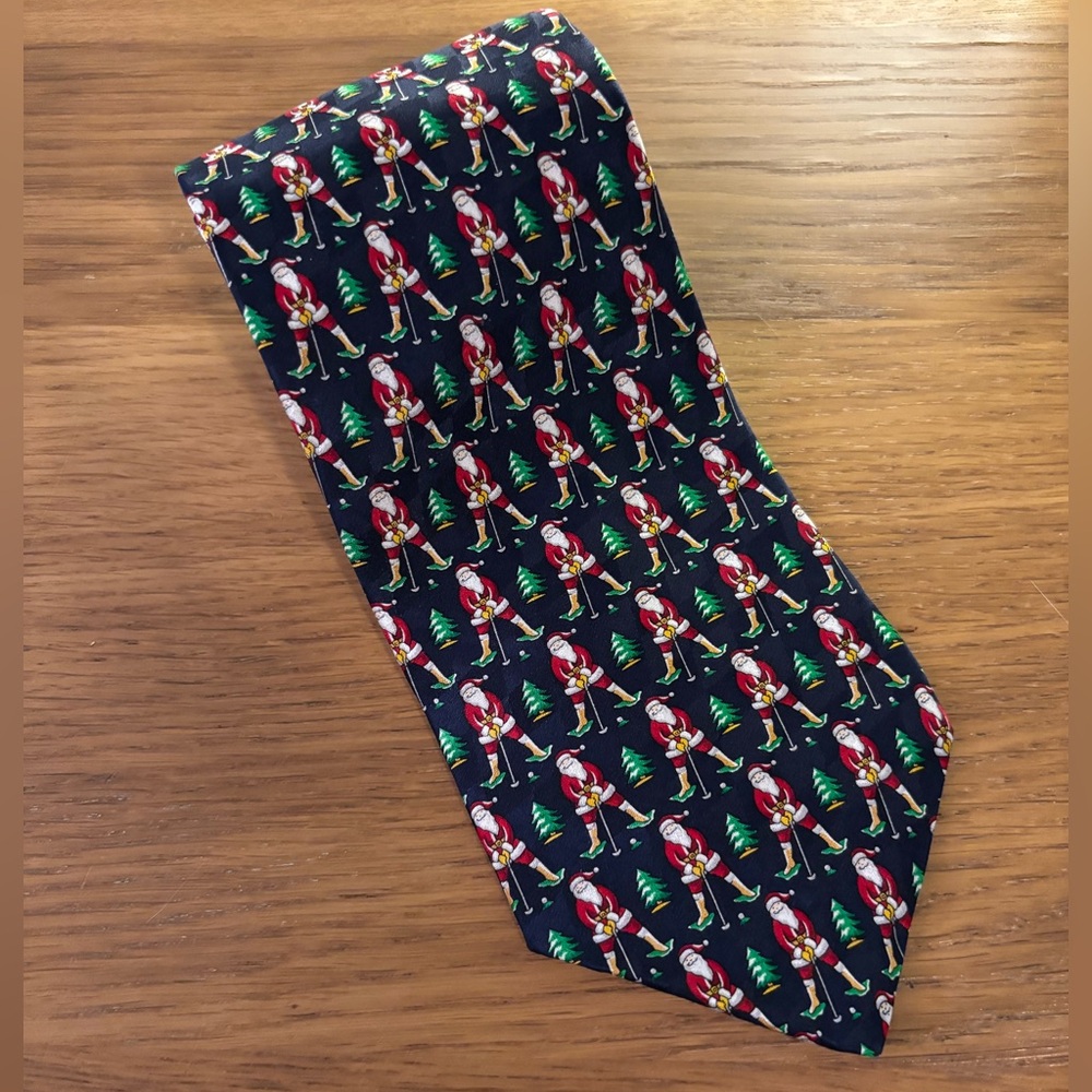 Holiday Traditions Hallmark Golfing Santa Silk Tie Holiday Navy Red Gold